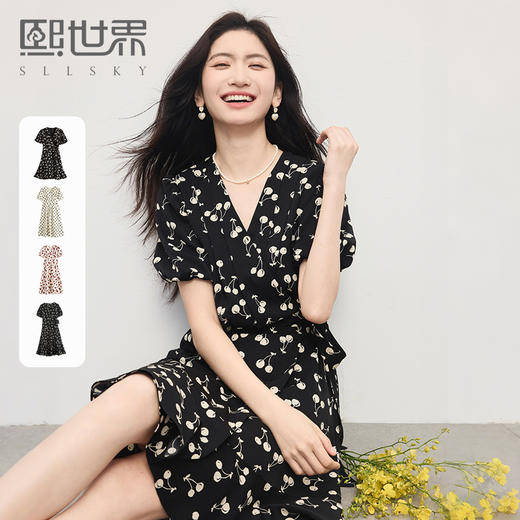 熙世界围裹式复古碎花连衣裙女小个子法式V领茶歇裙子2025夏新款 商品图0