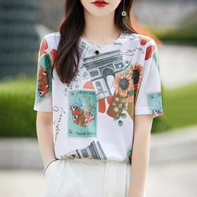 丁摩 精纺薄款短袖印花短袖女夏季新款休闲衬衣宽松显瘦上衣5ZF-4213