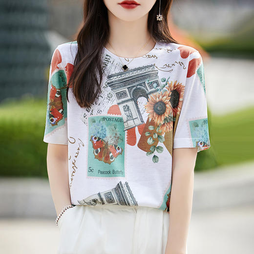 丁摩 精纺薄款短袖印花短袖女夏季新款休闲衬衣宽松显瘦上衣5ZF-4213 商品图0