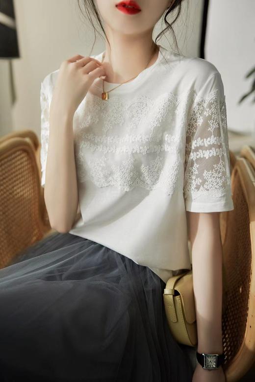 雀说 举手投足都在撩你 舒适纯棉 蕾丝拼接 圆领短袖T恤女夏5ZF-20935 商品图0