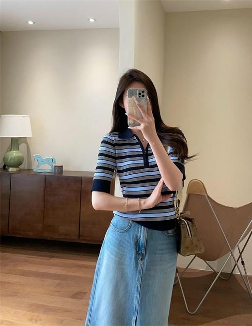 之禾同款复古撞色定位条纹莱赛尔精纺POLO衫短袖针织衫 商品图7