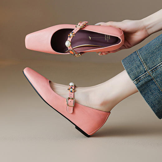 【预售5天】春日秘境~气质方头法式玛丽珍单鞋珍珠一字带浅口真皮单鞋HCYYHD&6042 商品图4