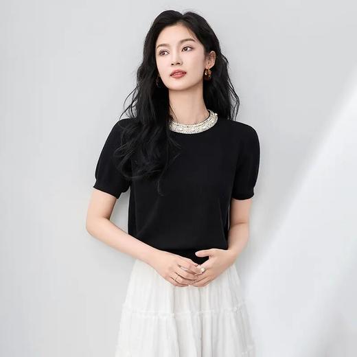 【高货wl】全新升级【铂金会员192/天猫259/差价67】(02246) 洛诗琳法式重工钻领气质时尚通勤天丝钩花针织短袖上衣 商品图3