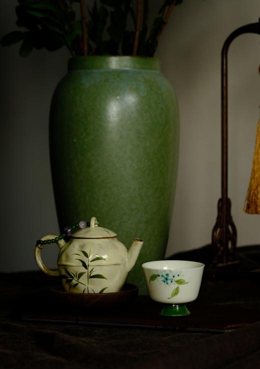 日式粉引手绘翠竹陶瓷茶壶110ml赠送壶绳与壶托独家设计8.5*8.5cm 商品图2