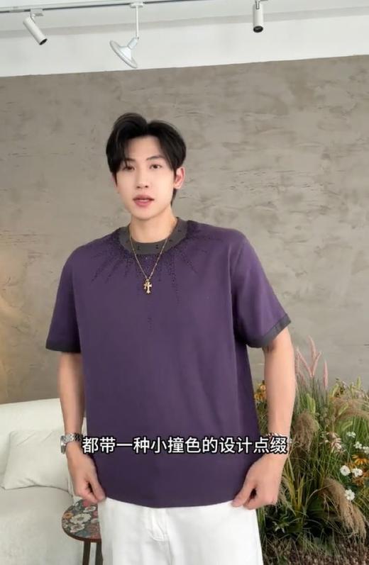 T3127夏季高级感新款撞色领口烫钻圆领短袖T恤重磅复古宽松百搭上衣 商品图1