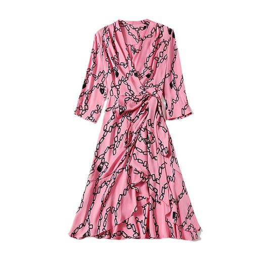 丁摩 真丝连衣裙夏季优雅时尚气质收腰v领中袖桑蚕丝大摆裙5ZF-051 商品图4