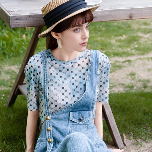 谜底薄款网纱T恤短袖女2025夏新款复古百搭圆领高弹上衣256MT6259 商品图1