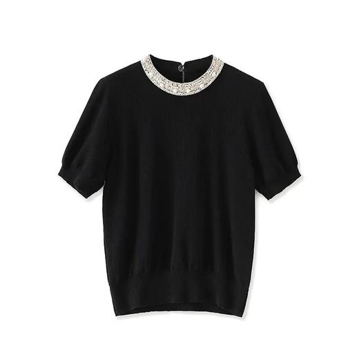 【高货wl】全新升级【铂金会员192/天猫259/差价67】(02246) 洛诗琳法式重工钻领气质时尚通勤天丝钩花针织短袖上衣 商品图4