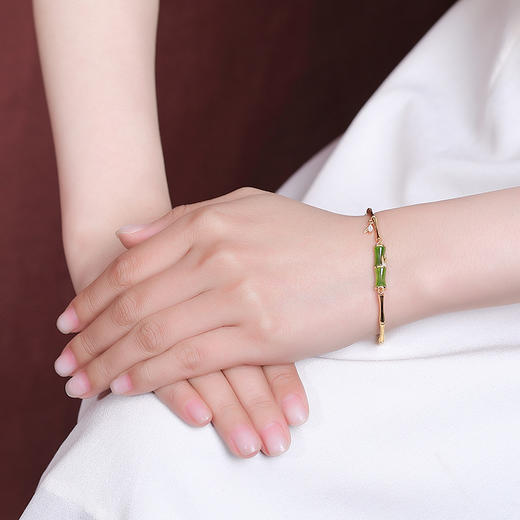 【节节高升】S925纯银镀金和田玉碧玉竹节竹叶手链【CW-SL11777】 商品图3