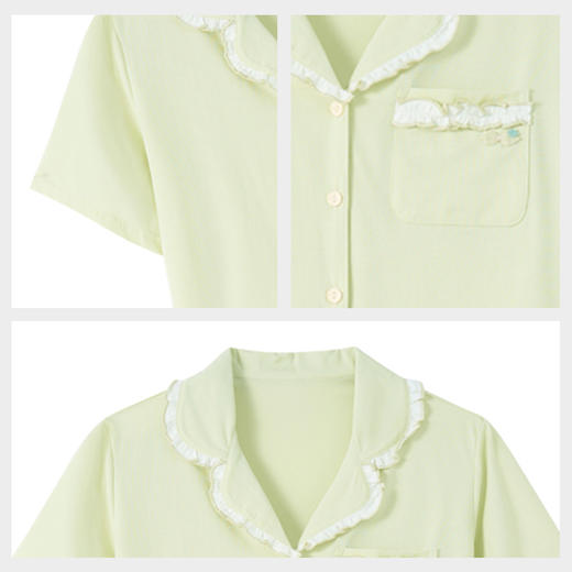 【第二件 0 元｜ 满2件 5 折】【秀黛】女翻领甜美短袖套装天丝棉翻领荷叶边撞色透气女夏季睡衣家居服S2551077T【门店同款】 商品图4