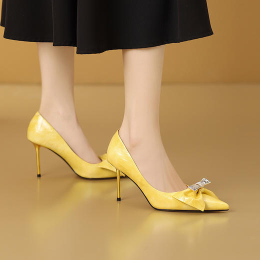 OLD CX081-11法式复古蝴蝶结细跟牛漆皮尖头真皮浅口高跟鞋 商品图1