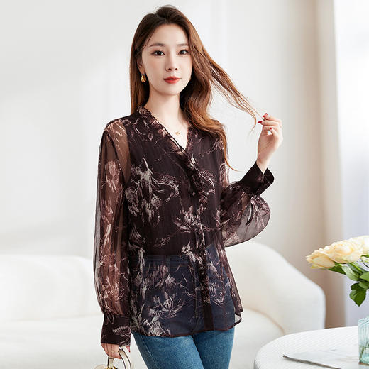 丁摩 100桑蚕丝衬衫女拼接微透气质长袖衬衣5ZF-9290 商品图2