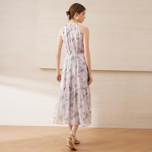 EITIE爱特爱温柔紫植物印花捏褶A字摆挂脖无袖连衣裙2025夏季新款B2507670 商品图4