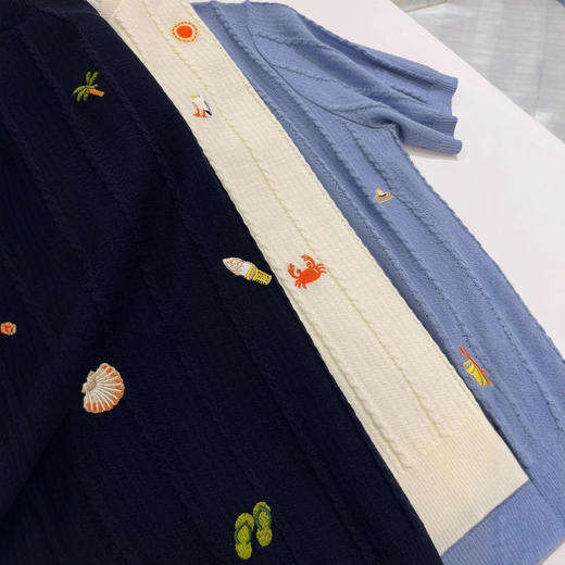 丁摩 春夏新款渡假刺绣细绞花精纺羊毛圆领短袖薄针织套头衫5ZF-16100 商品图3