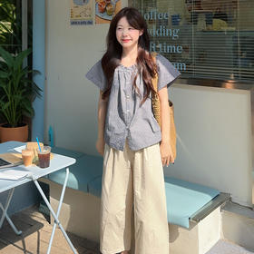 西遇条纹短袖开衫套装女夏季新款七分宽松高腰阔腿裤两件套SS050583/SS050584