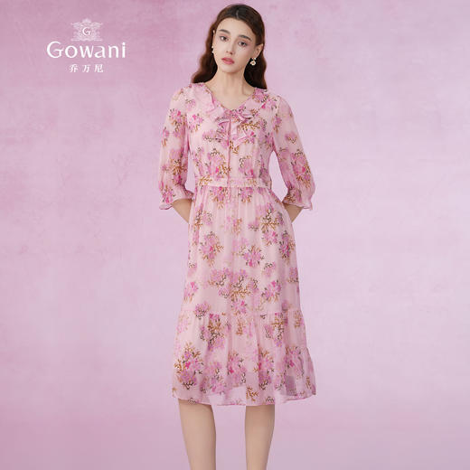 乔万尼夏季新品100%桑蚕丝印花乔其收腰真丝连衣裙EM2E840 商品图2