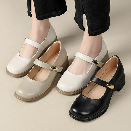丁摩 春秋头层牛皮方头皮带扣中跟鞋女真皮粗跟软底复古玛丽珍单鞋5ZF-86560 商品图1