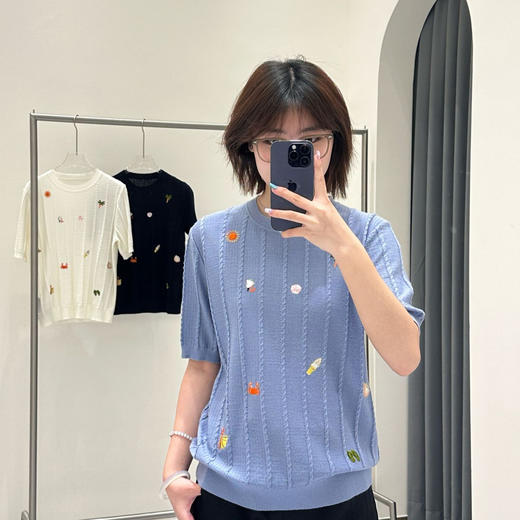 丁摩 春夏新款渡假刺绣细绞花精纺羊毛圆领短袖薄针织套头衫5ZF-16100 商品图2