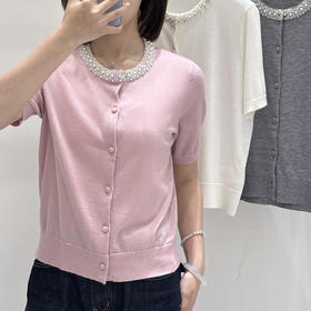 丁摩 春夏真丝羊毛小香风手工钉珠钻圆领短袖针织空调开衫上衣女5ZF-16153