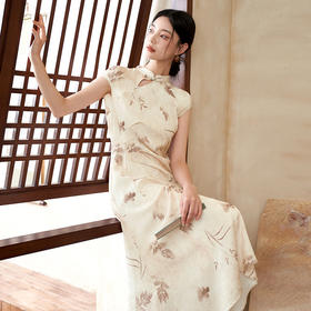 新中式国风立领旗袍无袖连衣裙女春季古典提花缎面连衣裙V0041535