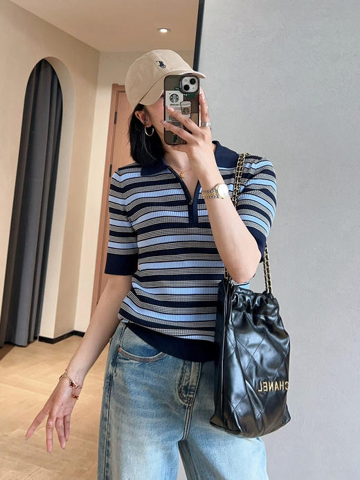 之禾同款复古撞色定位条纹莱赛尔精纺POLO衫短袖针织衫 商品图12