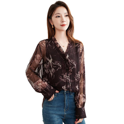 丁摩 100桑蚕丝衬衫女拼接微透气质长袖衬衣5ZF-9290 商品图4