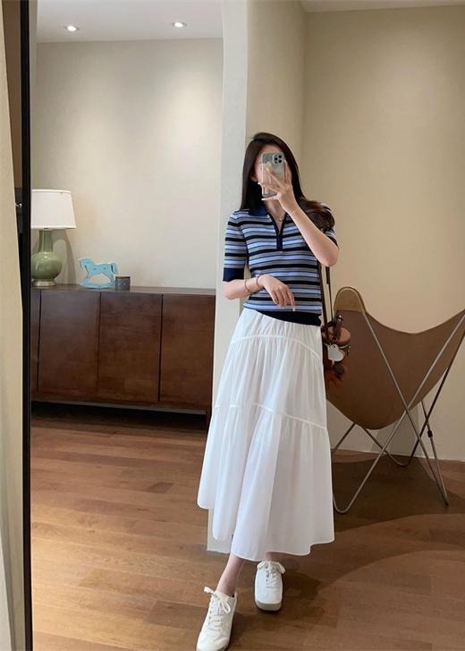 之禾同款复古撞色定位条纹莱赛尔精纺POLO衫短袖针织衫 商品图11