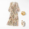 丁摩 夏季新品女V领法式抽绳收腰立体印花真丝连衣裙子5ZF-90472 商品缩略图4