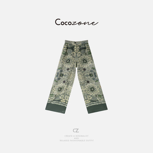 COCO ZONE 刘一一 【100亚麻】印花慵懒风直筒女休闲裤CD2A0769 商品图0