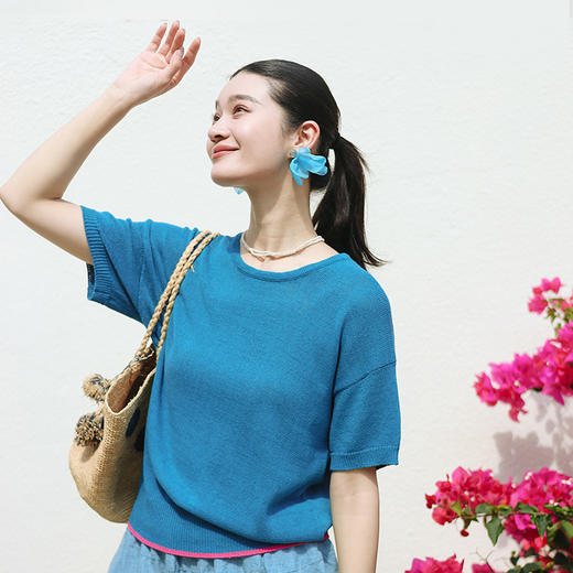 绽放旅行女装175朵/亚麻棉撞色边圆领毛织短袖休闲宽松透气T恤 商品图0