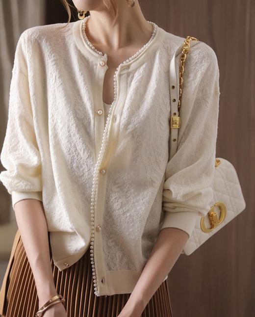 小香风钉珍珠羊冰丝提花针织开衫 商品图0