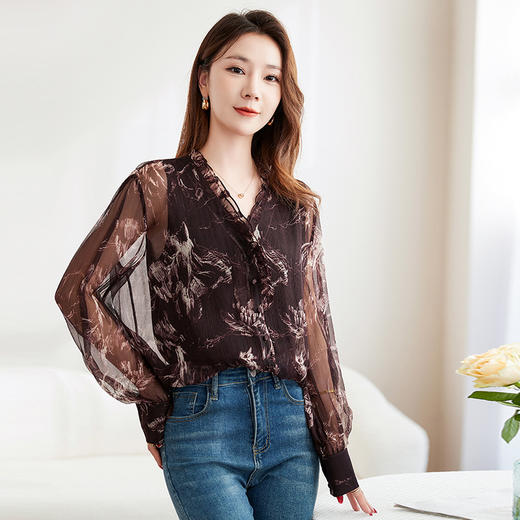 丁摩 100桑蚕丝衬衫女拼接微透气质长袖衬衣5ZF-9290 商品图1
