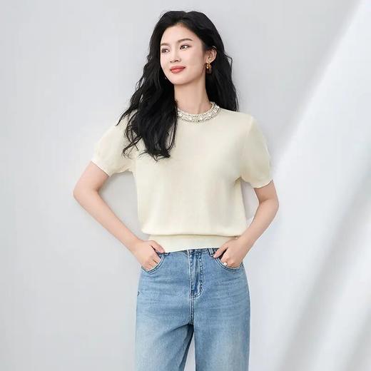 【高货wl】全新升级【铂金会员192/天猫259/差价67】(02246) 洛诗琳法式重工钻领气质时尚通勤天丝钩花针织短袖上衣 商品图2