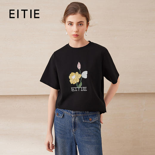 【彩色珠片绣花T恤】EITIE爱特爱休闲宽松短袖上衣夏季新款B2502606 商品图0
