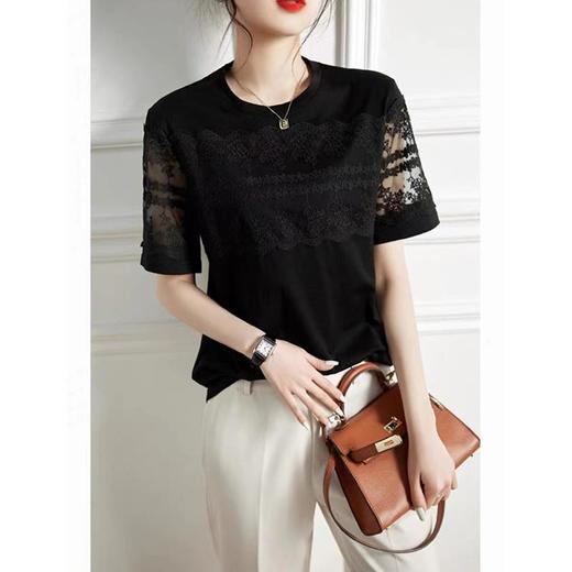 雀说 举手投足都在撩你 舒适纯棉 蕾丝拼接 圆领短袖T恤女夏5ZF-20935 商品图3