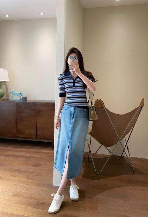 之禾同款复古撞色定位条纹莱赛尔精纺POLO衫短袖针织衫 商品图6