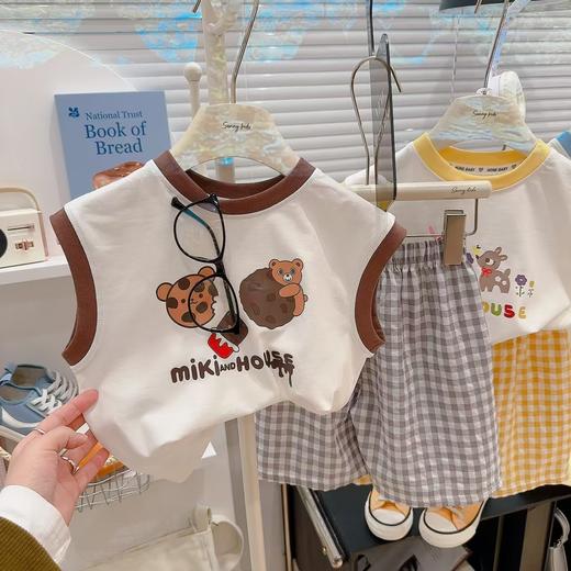 【格子T恤短裤套装，清凉百搭必备！】夏季新款百搭涂鸦 背心格子t恤短裤两件套 男女童套装 莱卡棉面料 舒适透气-QQ 商品图3