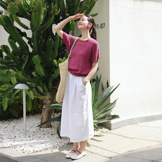 绽放旅行女装175朵/亚麻棉撞色边圆领毛织短袖休闲宽松透气T恤 商品图1