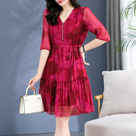 丁摩 V领单排扣晕染真丝短裙桑蚕丝连衣裙5ZF-75039