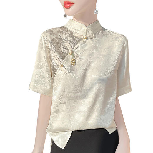 雀说 新中式黑色唐装女夏季中国风复古上衣缎面盘扣短袖衬衫洋气衬衣5ZF-2513 商品图4