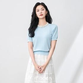 【高货wl】全新升级【铂金会员192/天猫259/差价67】(02246) 洛诗琳法式重工钻领气质时尚通勤天丝钩花针织短袖上衣