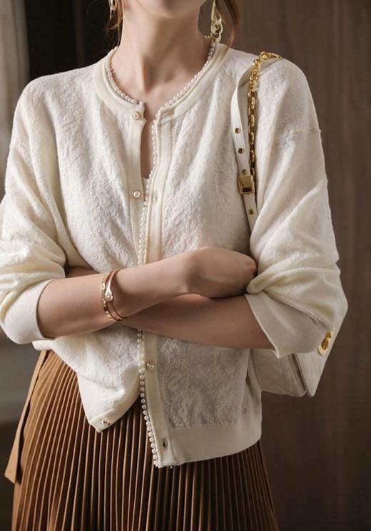 小香风钉珍珠羊冰丝提花针织开衫 商品图1