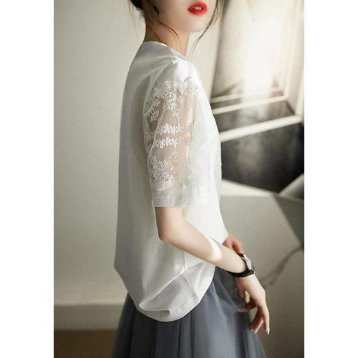 雀说 举手投足都在撩你 舒适纯棉 蕾丝拼接 圆领短袖T恤女夏5ZF-20935 商品图2