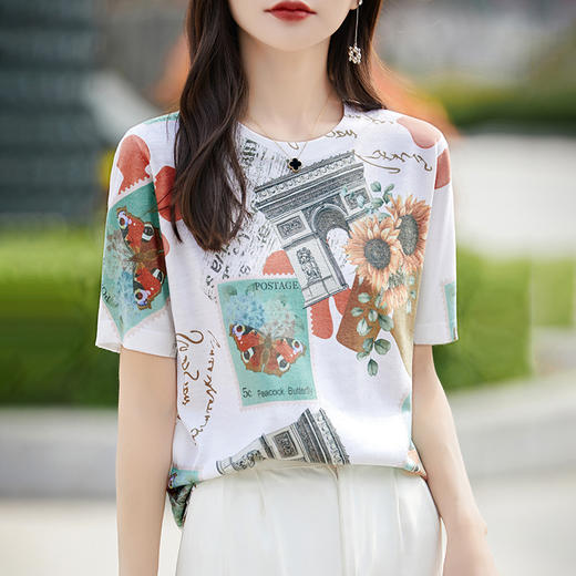 丁摩 精纺薄款短袖印花短袖女夏季新款休闲衬衣宽松显瘦上衣5ZF-4213 商品图2