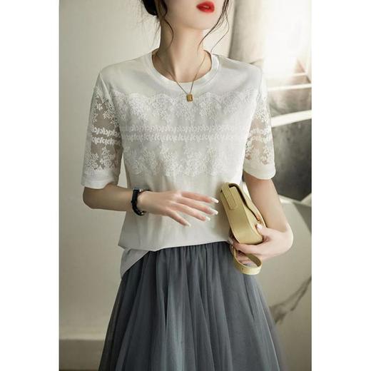 雀说 举手投足都在撩你 舒适纯棉 蕾丝拼接 圆领短袖T恤女夏5ZF-20935 商品图1