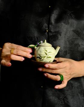 日式粉引手绘翠竹陶瓷茶壶110ml赠送壶绳与壶托独家设计8.5*8.5cm