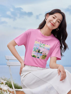 【五折购】莫奈联名熙世界油画印花白色T恤夏天新款百搭短袖凉感上衣