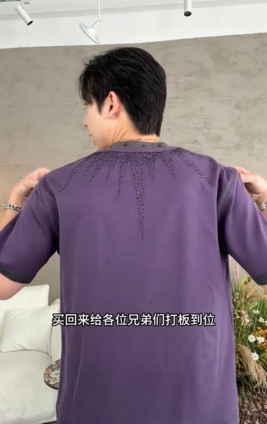 T3127夏季高级感新款撞色领口烫钻圆领短袖T恤重磅复古宽松百搭上衣 商品图5