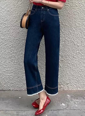 显瘦显腿直！2025四面弹骨感有型花边刺绣高腰九分直筒牛仔裤女款！