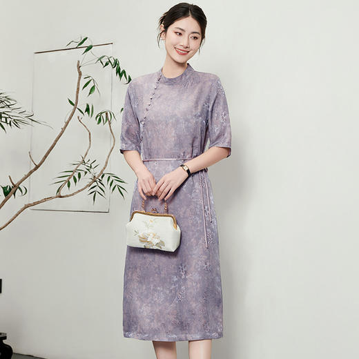 TC 54801改良新中式半高领显瘦复古暗纹提花桑蚕丝日常旗袍连衣裙 商品图1
